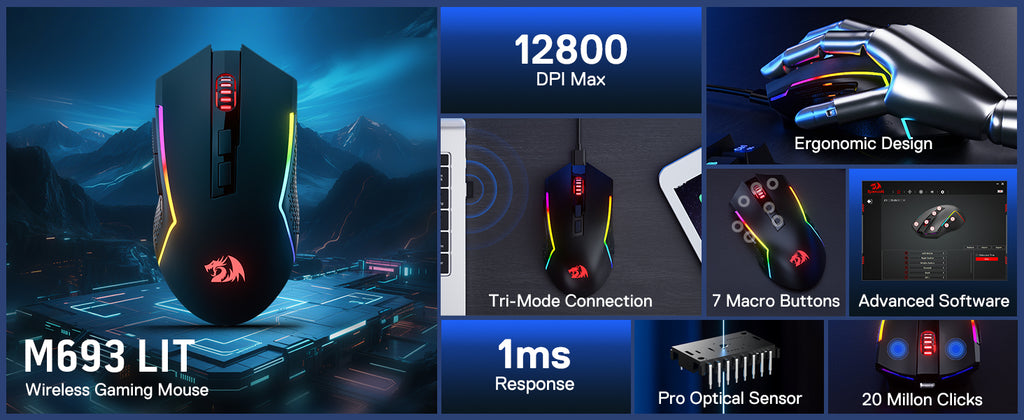 Premium Wireless Gaming Mouse - 12800 DPI, 3-Mode, 7 Macro Buttons