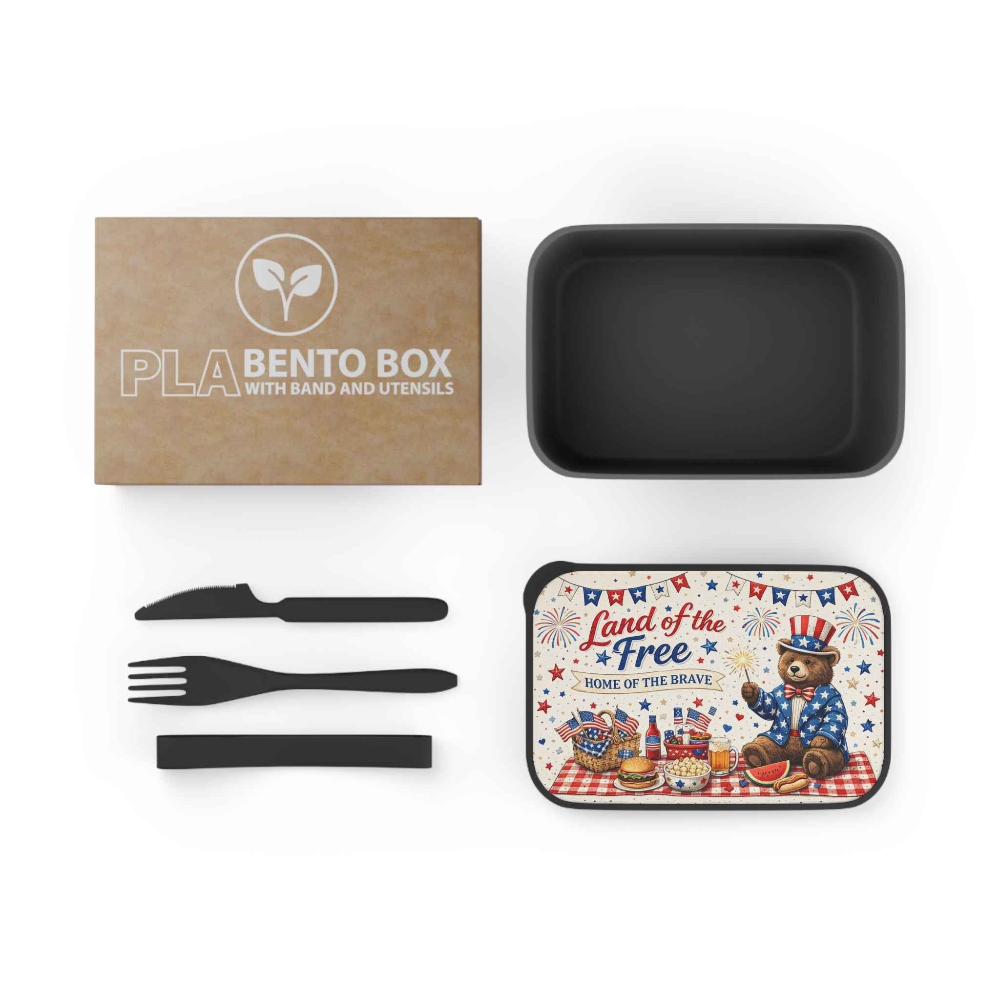 Patriotic Bear Picnic Bento Box — Land of the Free Lunchbox with Utensils - Tulique