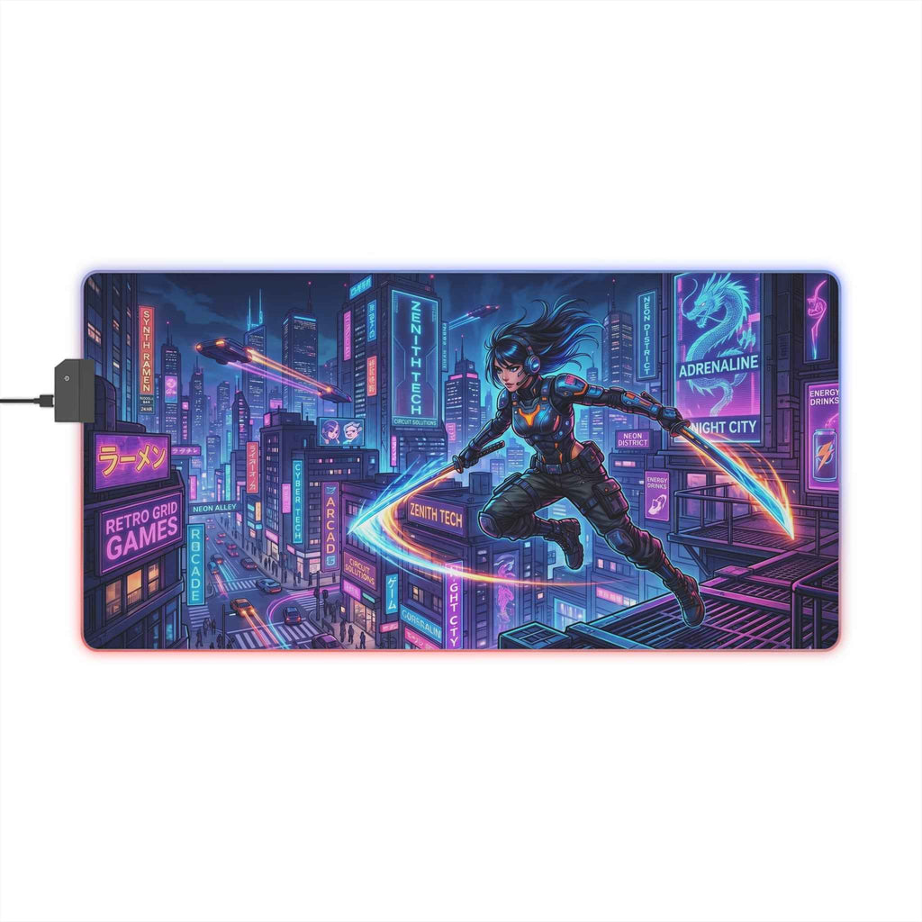 Cyberpunk mouse pad with neon night city RGB lighting