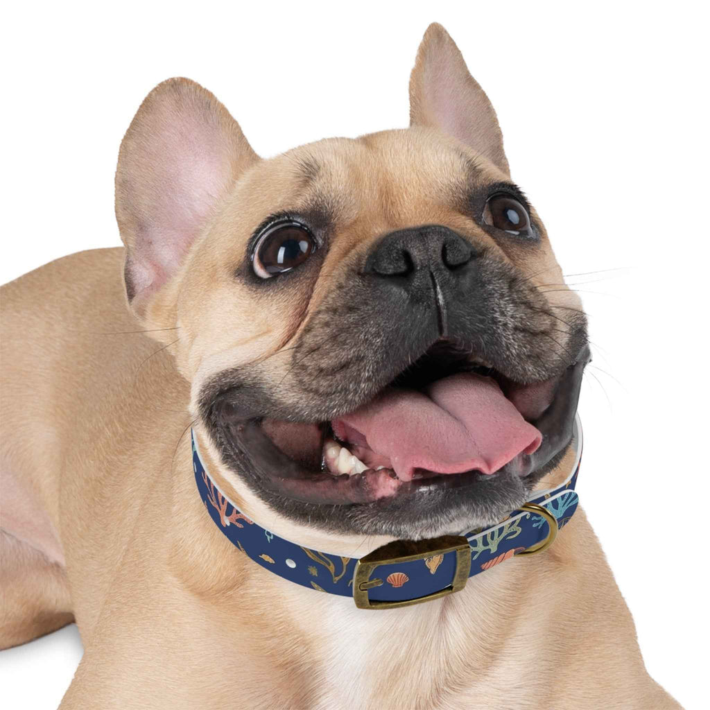 Navy Seashell Dog Collar — Coral & Shell Beach Print Adjustable Collar - Tulique
