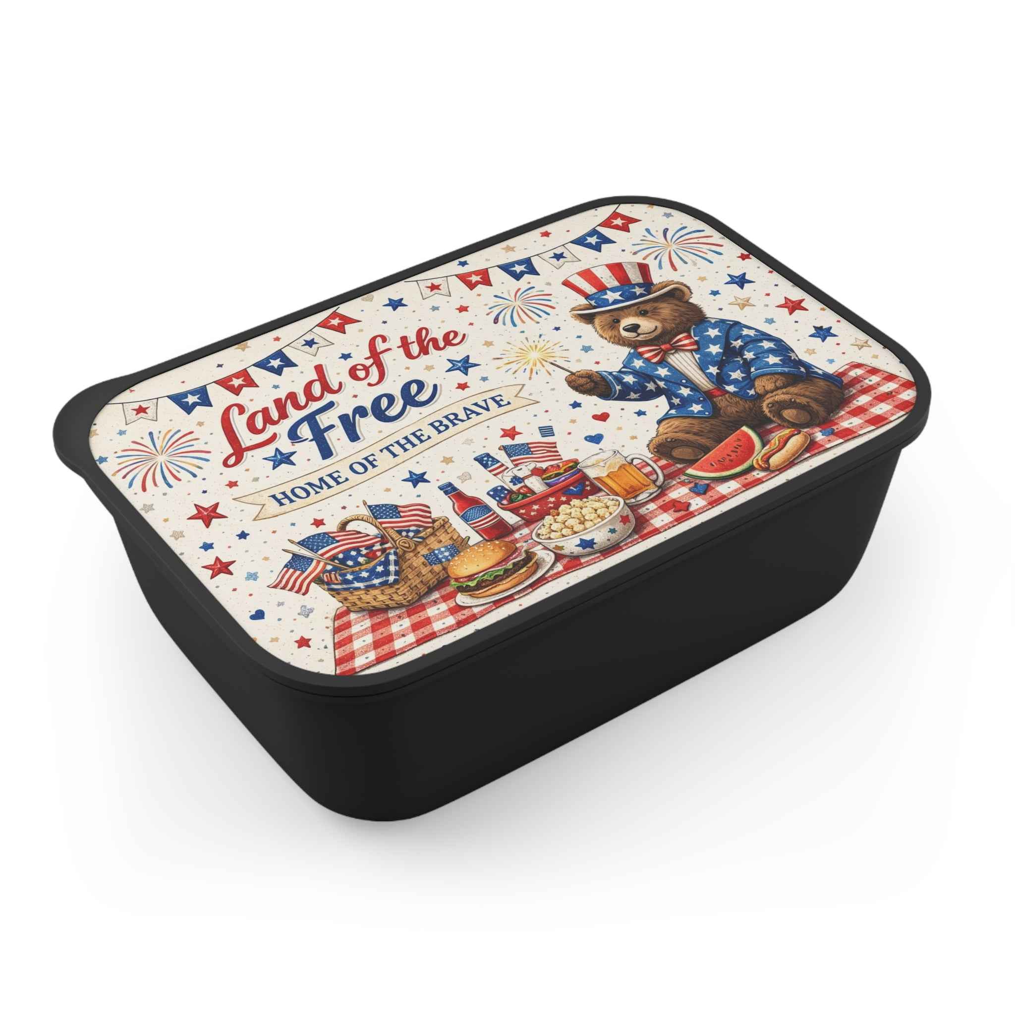 Patriotic Bear Picnic Bento Box — Land of the Free Lunchbox with Utensils - Tulique