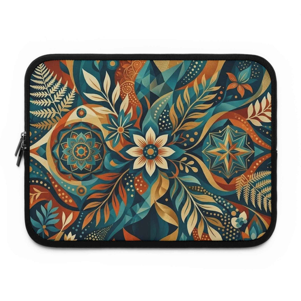 Boho Floral Laptop Sleeve - Teal & Amber Mandala Protective Case - Tulique