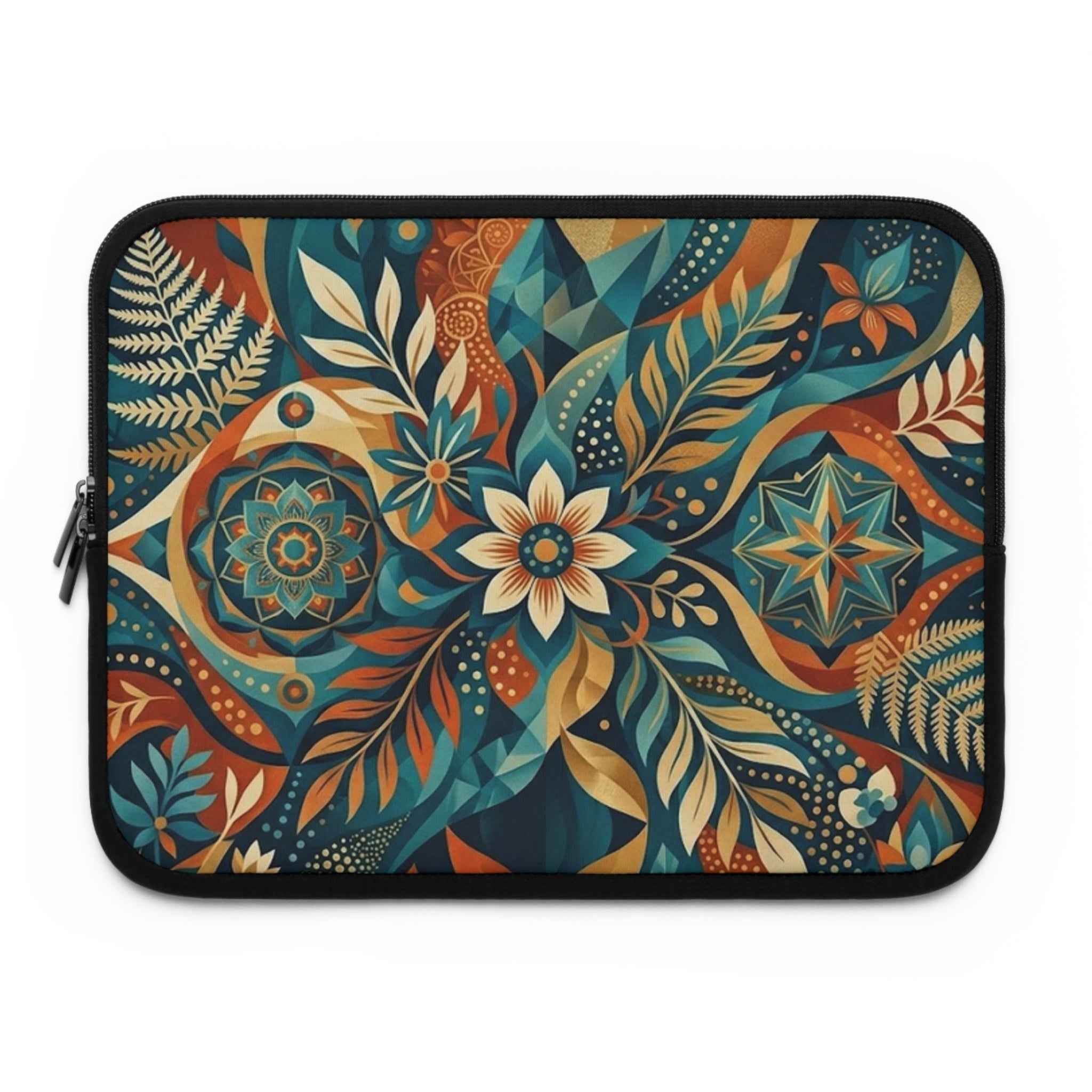 Boho Floral Laptop Sleeve - Teal & Amber Mandala Protective Case - Tulique