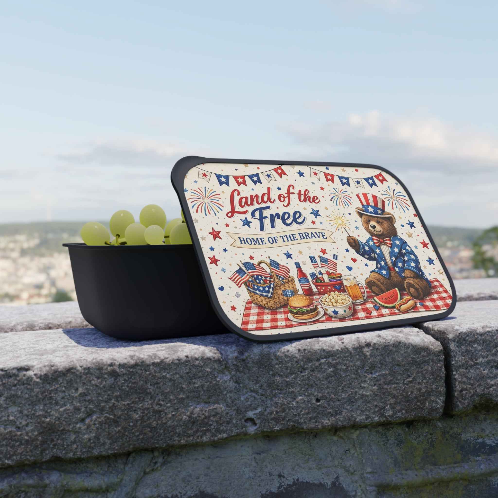 Patriotic Bear Picnic Bento Box — Land of the Free Lunchbox with Utensils - Tulique