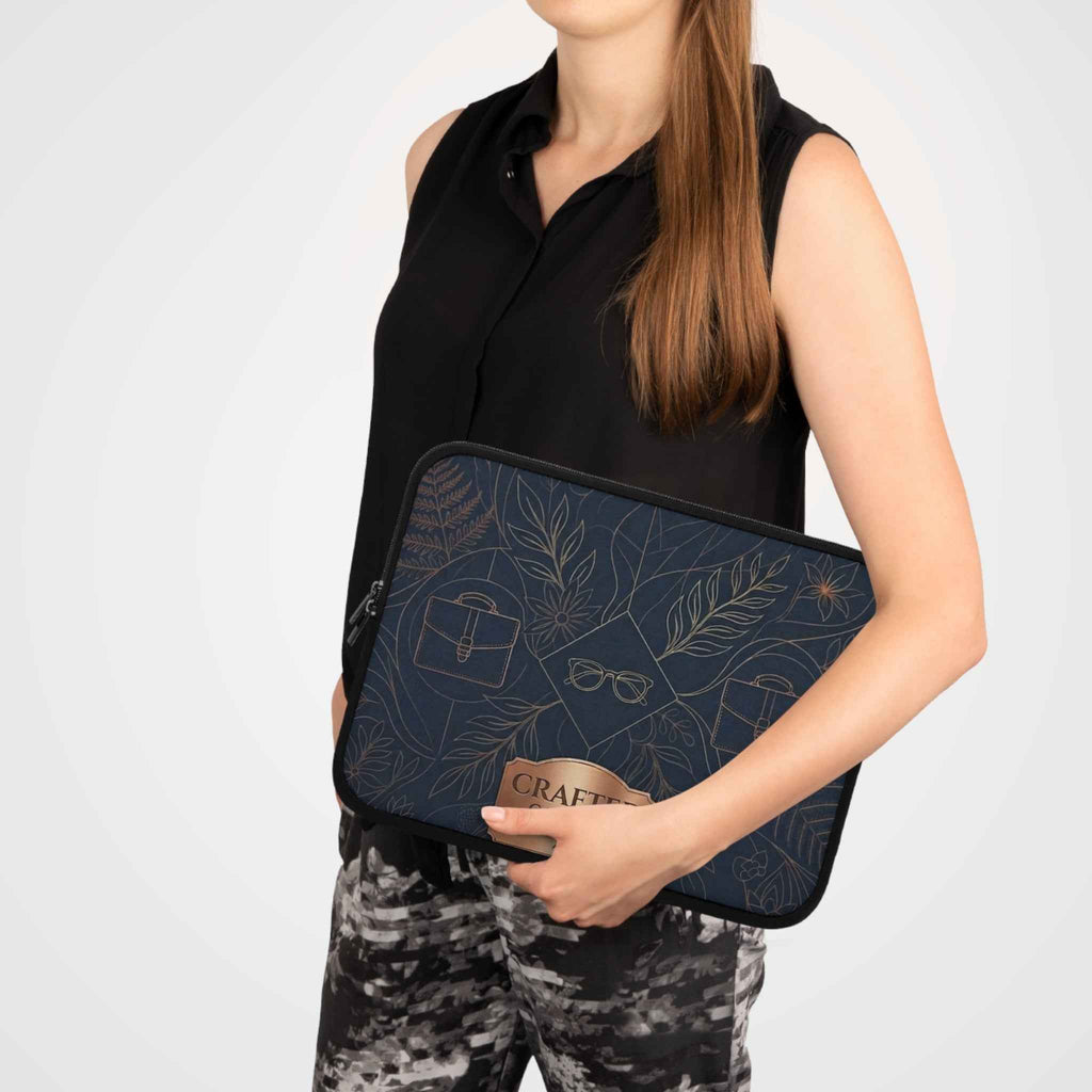 Crafted Carriers Navy Floral Laptop Sleeve - Elegant Briefcase & Glasses Design - Tulique