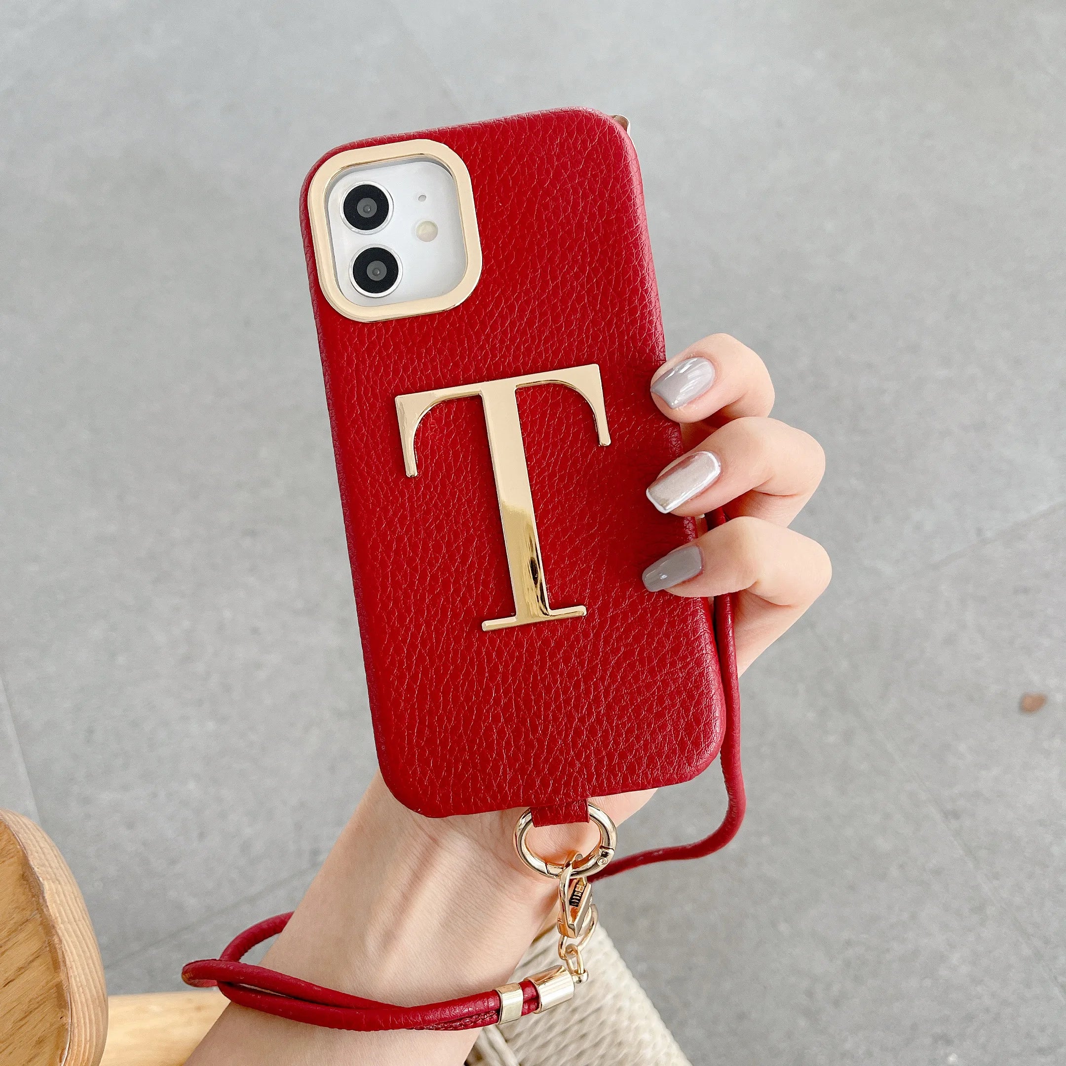 Premium Initial Leather Phone Case - Gold Letter & Lanyard