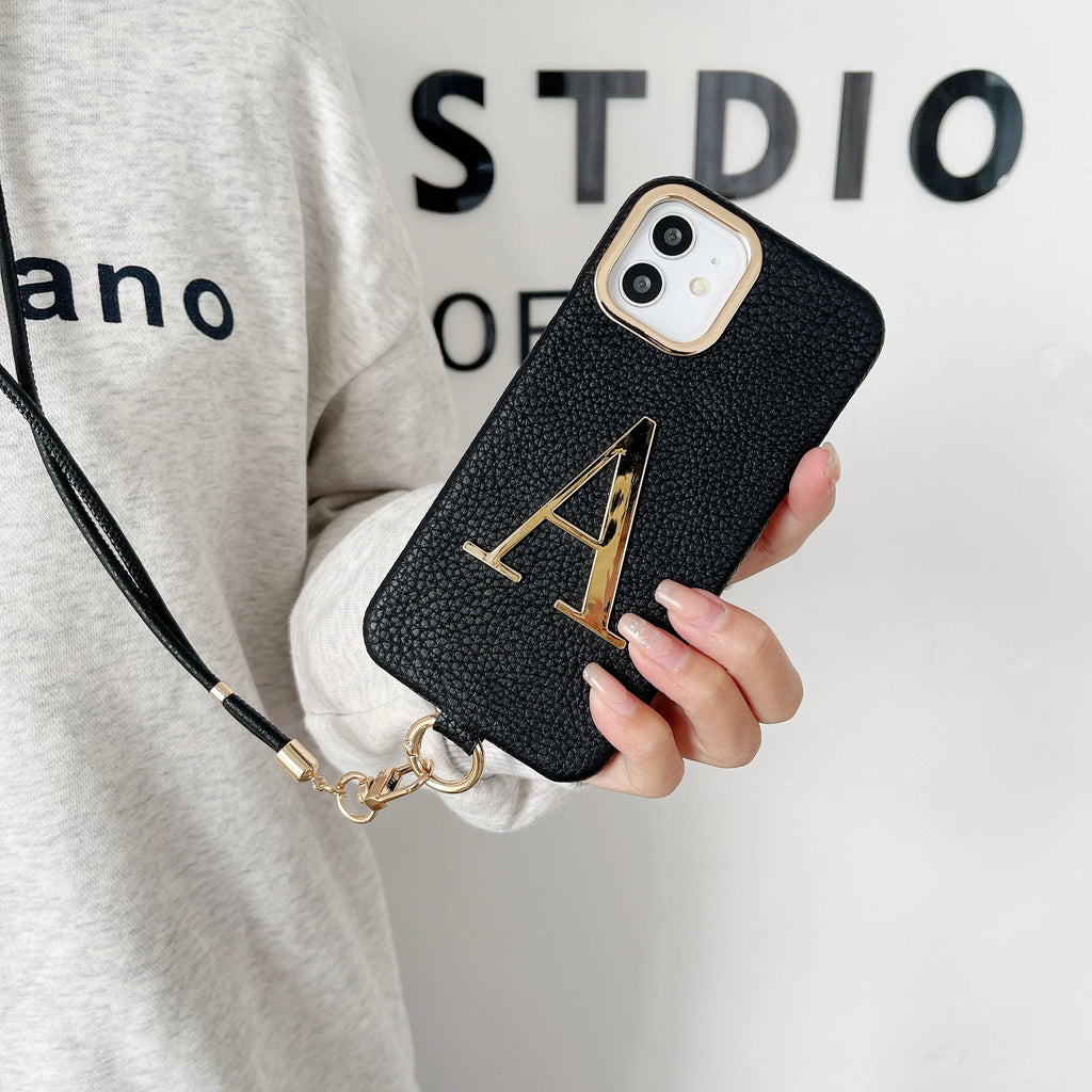 Premium Initial Leather Phone Case - Gold Letter & Lanyard