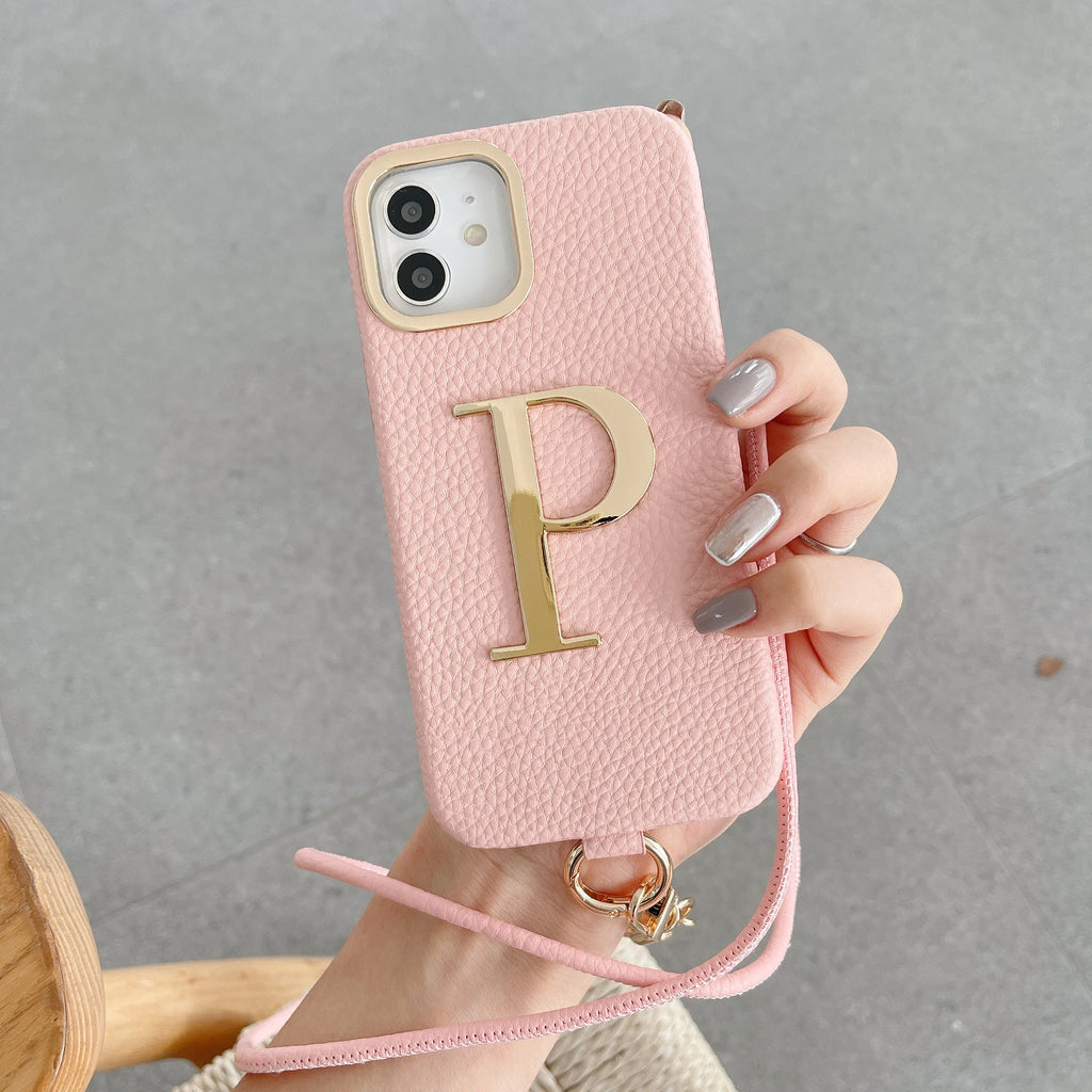 Premium Initial Leather Phone Case - Gold Letter & Lanyard