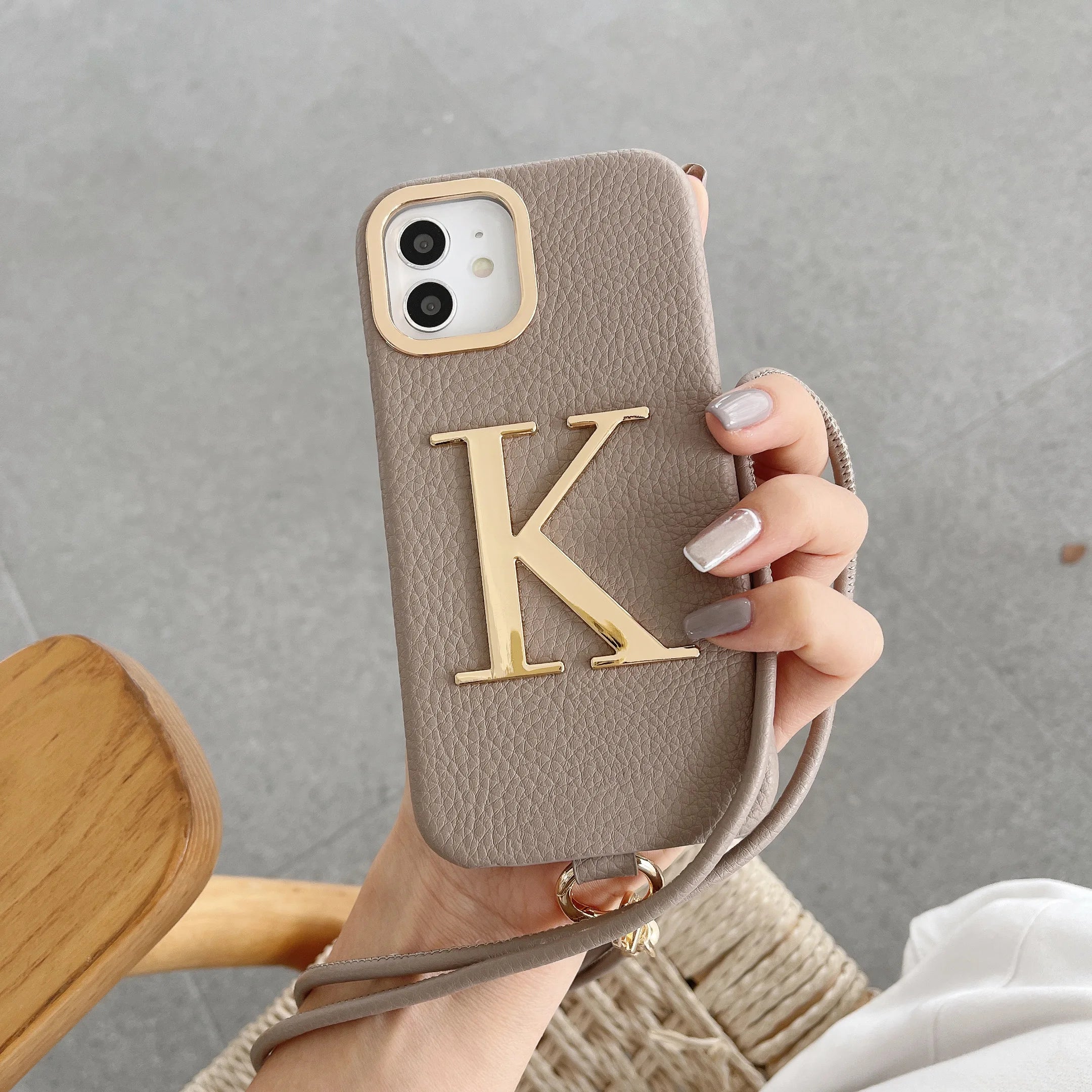 Premium Initial Leather Phone Case - Gold Letter & Lanyard