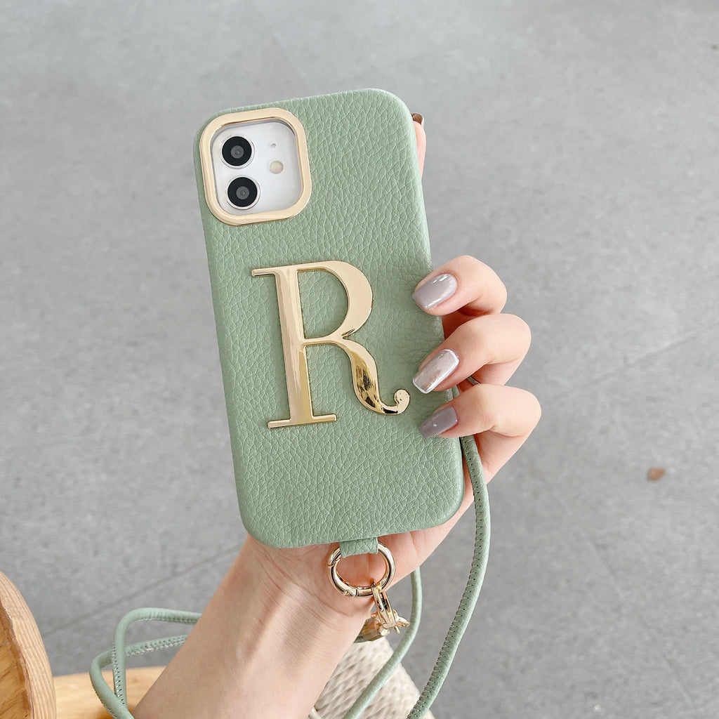 Premium Initial Leather Phone Case - Gold Letter & Lanyard