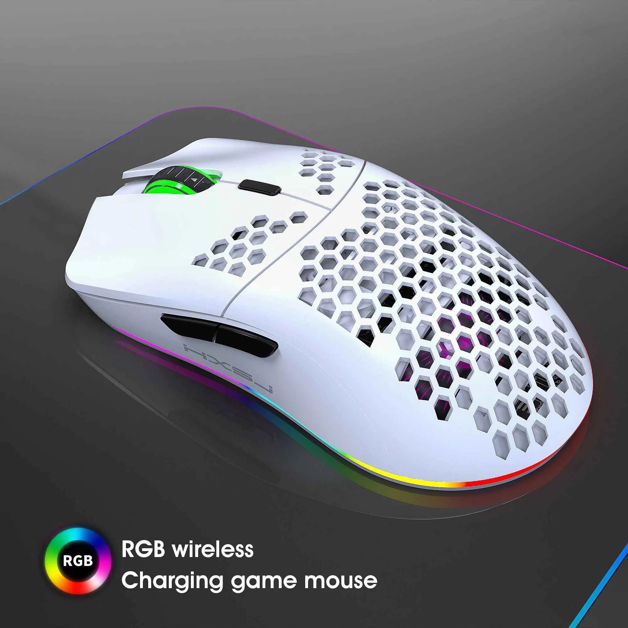 Rechargeable wireless mouse - white honeycomb design with RGB lighting on desk