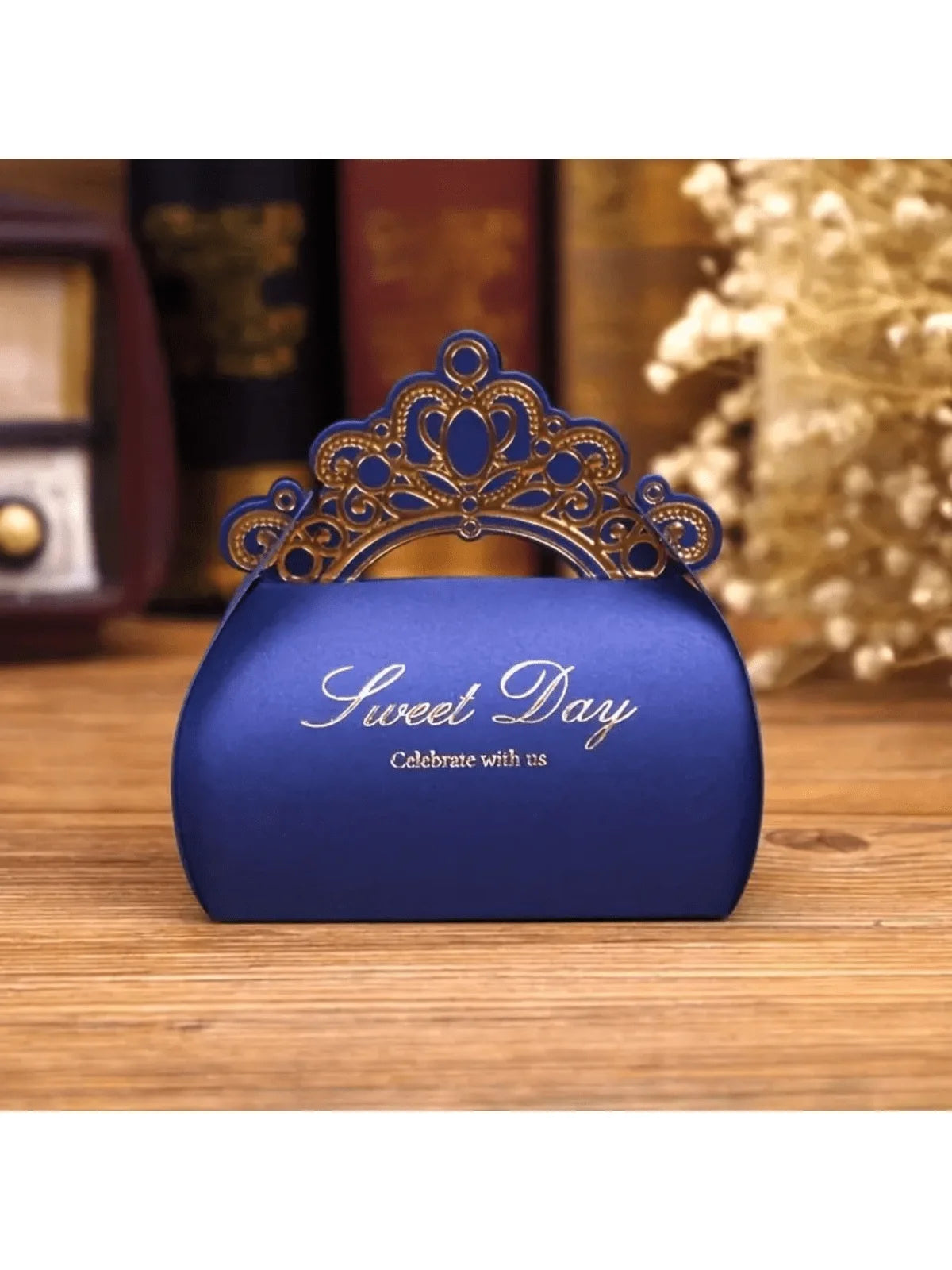 bridesmaid gift box - deep sapphire and pink boxes with shiny glitter crowns