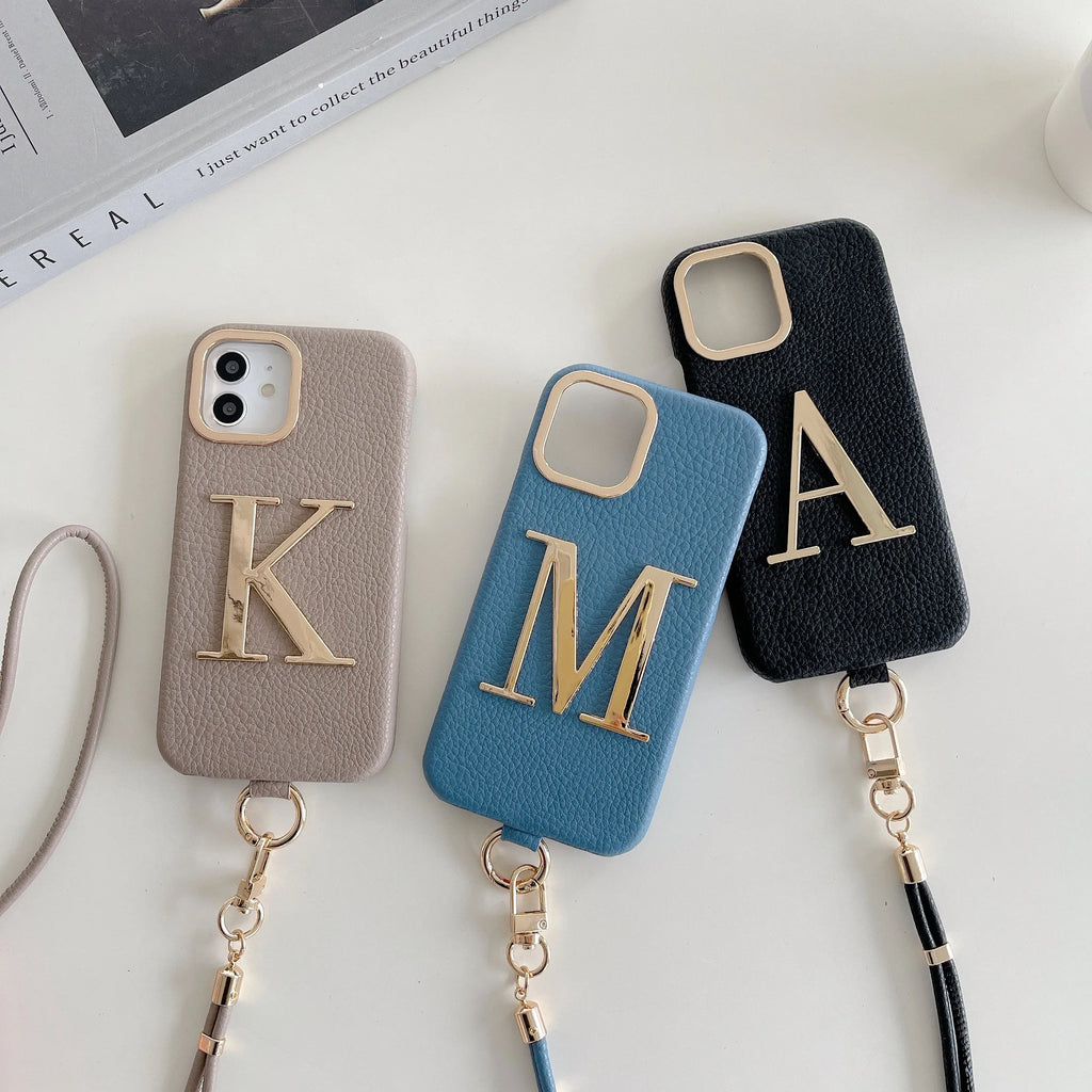 Premium Initial Leather Phone Case - Gold Letter & Lanyard