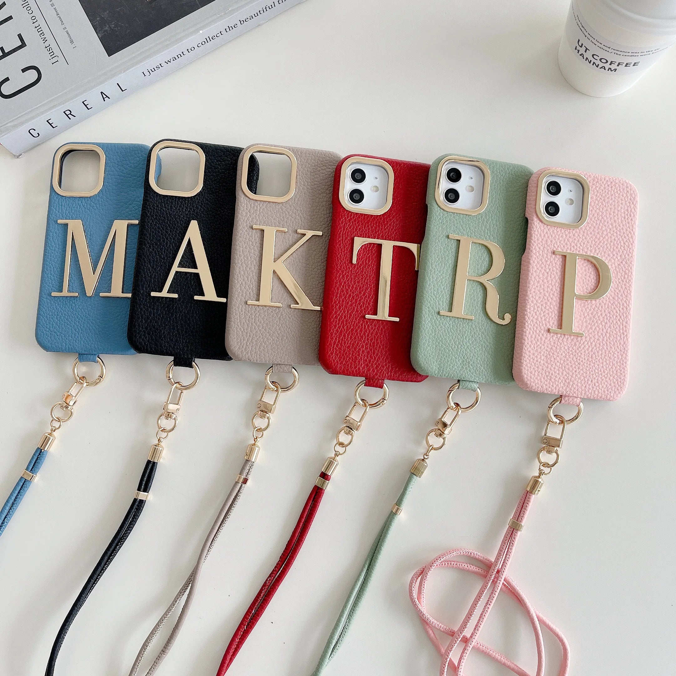 Premium Initial Leather Phone Case - Gold Letter & Lanyard