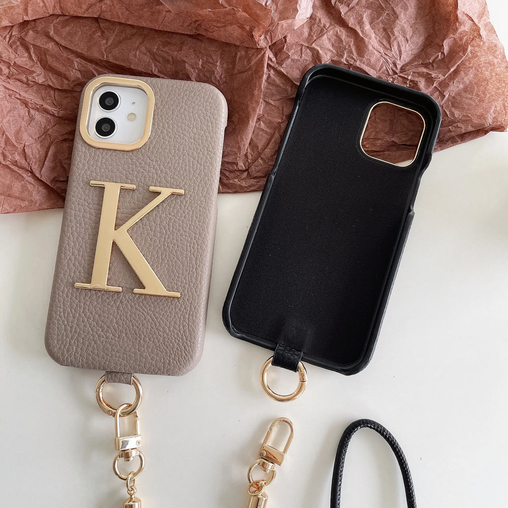 Premium Initial Leather Phone Case - Gold Letter & Lanyard