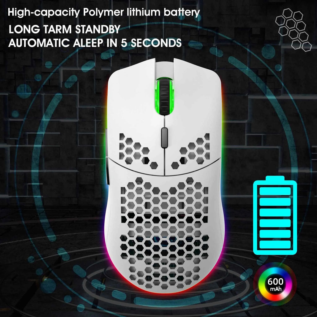 Wireless Mouse 2.4G with Built-in Rechargeable Battery, RGB Lighting, Honeycomb Design, Plug-and-Play USB