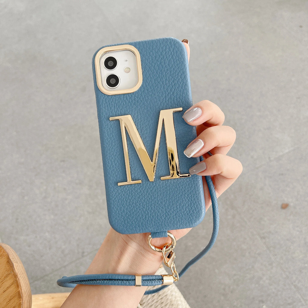 Premium Initial Leather Phone Case - Gold Letter & Lanyard