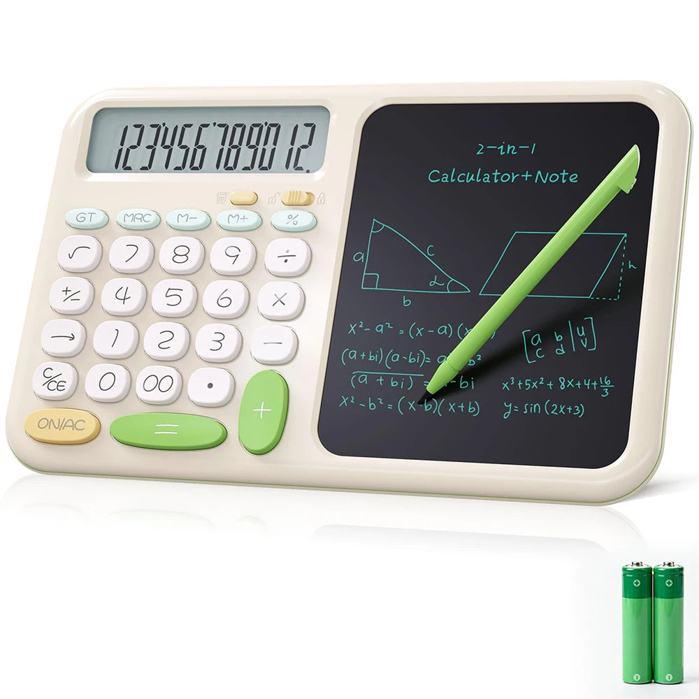 Desk Calculator with Notepad - Green-white big button standard calculator with integrated notepad