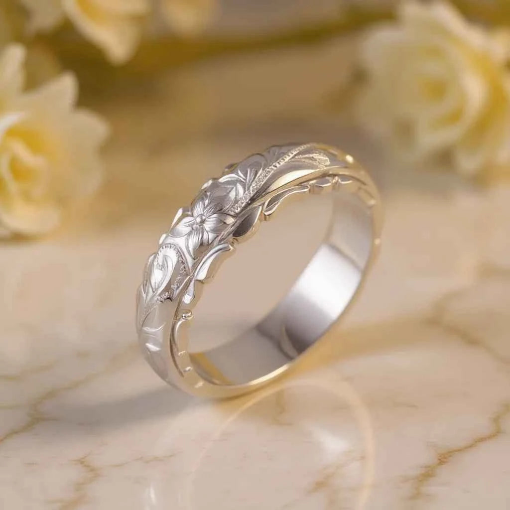 White Gold Plated Copper Flower Wedding Band with Round Brilliant Cut Diamond H156 Classic Unisex Fine Jewelry