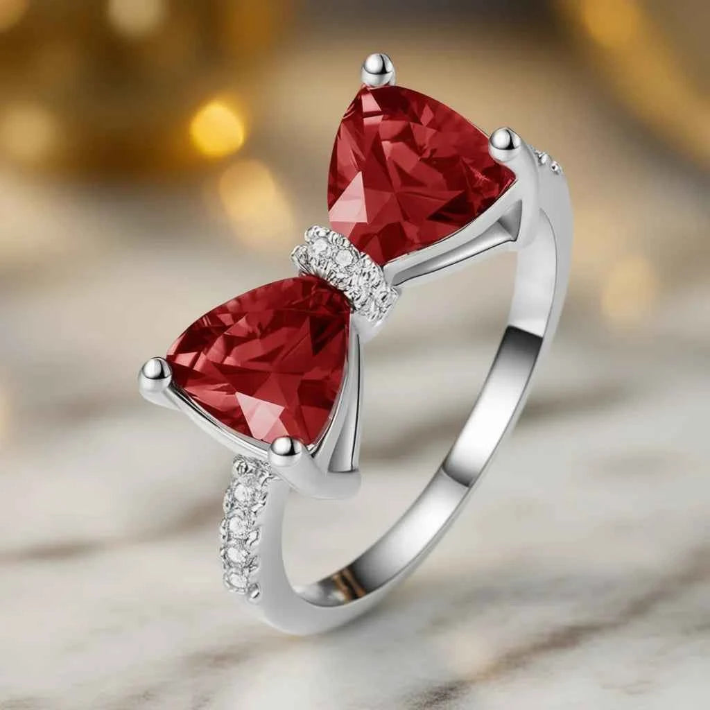 Cute Bowknot Trendy Cocktail Ring Women 925 Silver Red Triangle Cut Crystal Rhinestones Pave Setting Prong Mount Gift Jewelry