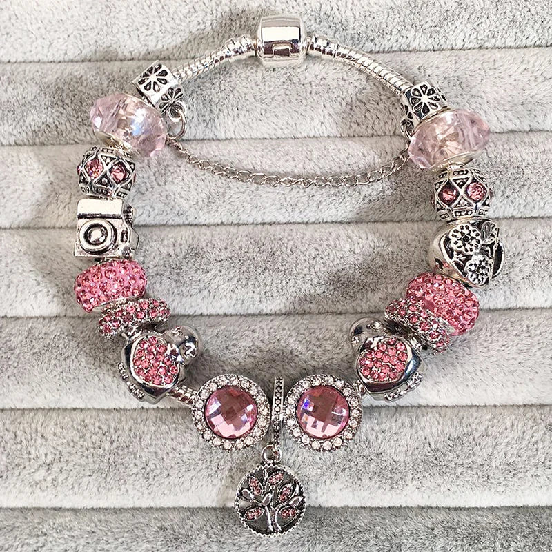 Elegant Crystal Flower Charm Bracelet - Gold Bead Design