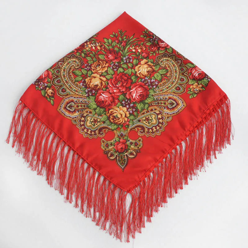 Luxury Floral Russian Scarf - Fringed Square Babushka Shawl