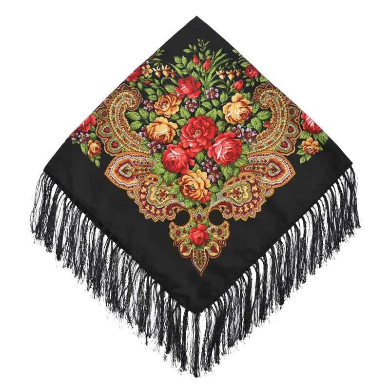 Luxury Floral Russian Scarf - Fringed Square Babushka Shawl