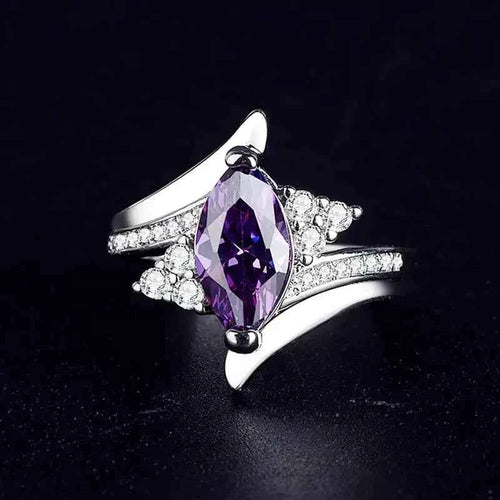 Marquise amethyst ring - purple gemstone with crystal accents on silver band