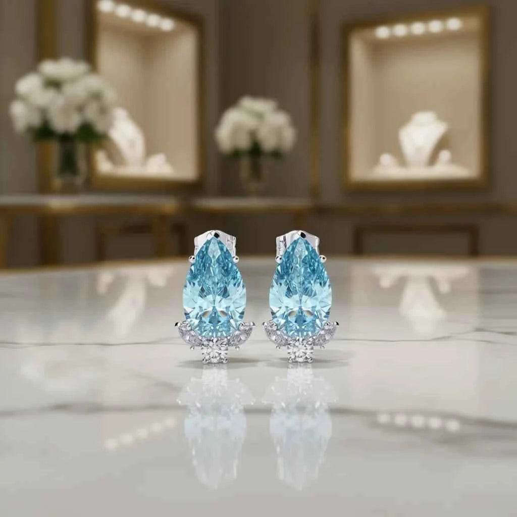 Luxury Light Blue Water Drop Crystal Stud Earrings 925 Silver Claw Setting Women's Party Jewelry