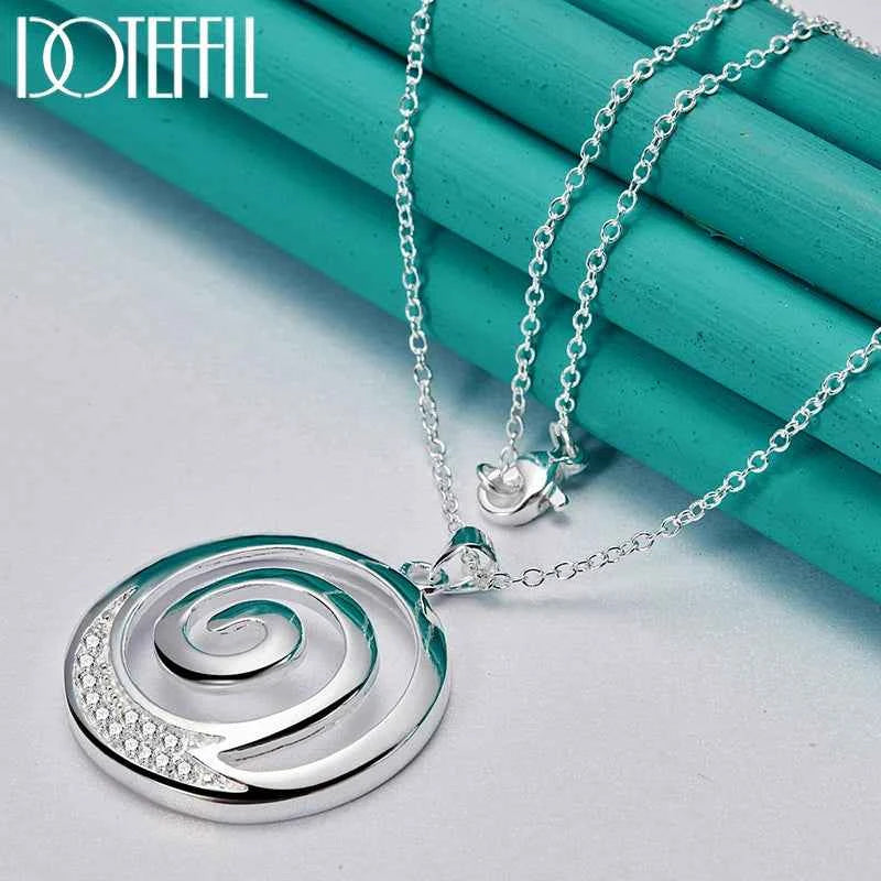 DOTEFFIL AAA Zircon Round Spiral Pendant 925 Sterling Silver Necklace 16-30 Inch Chain For Woman Man Charm Wedding Jewelry