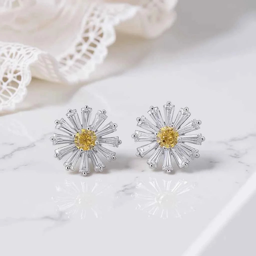 White Gold Flower Stud Earrings With Round Zircon Claw Setting For Women Party Romantic Fashion Jewelry