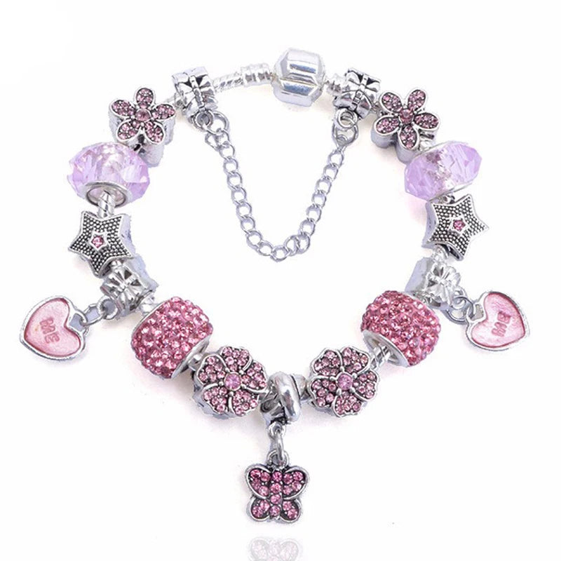 Elegant Crystal Flower Charm Bracelet - Gold Bead Design