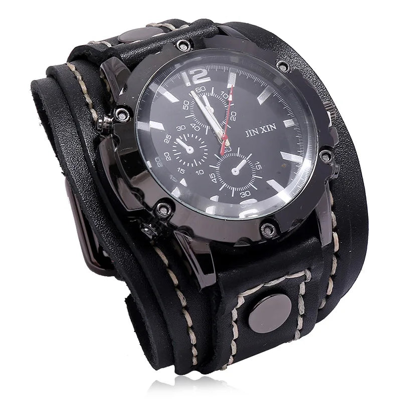 Rugged Men's Quartz Watch - Premium Cowhide Leather Punk Wristwatch