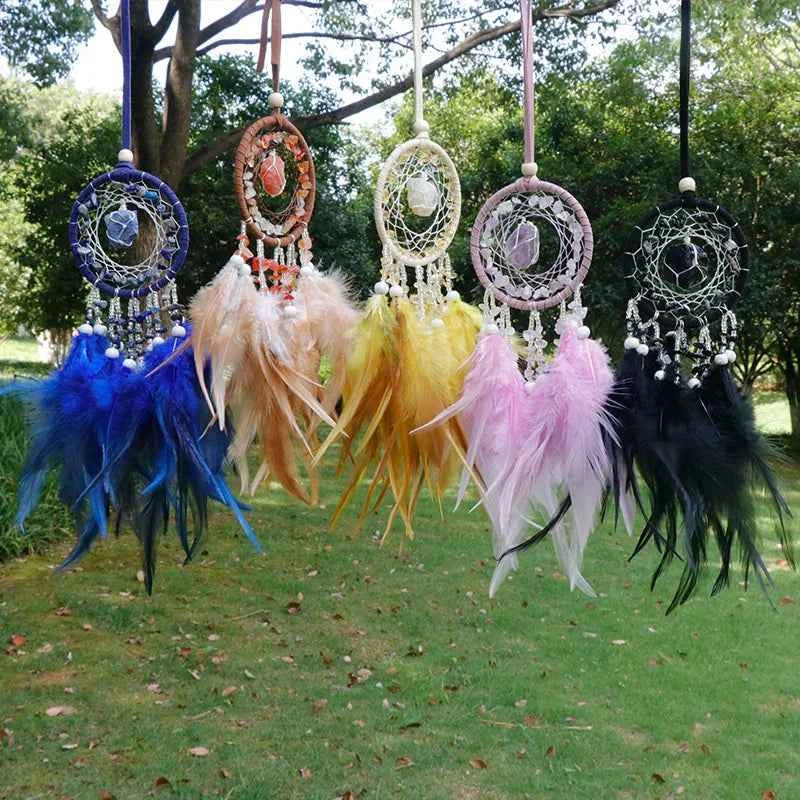 Handmade Mini Dream Catcher - Boho Wall Hanging with Colorful Feathers & Crystal Stones for Home Decor - Tulique