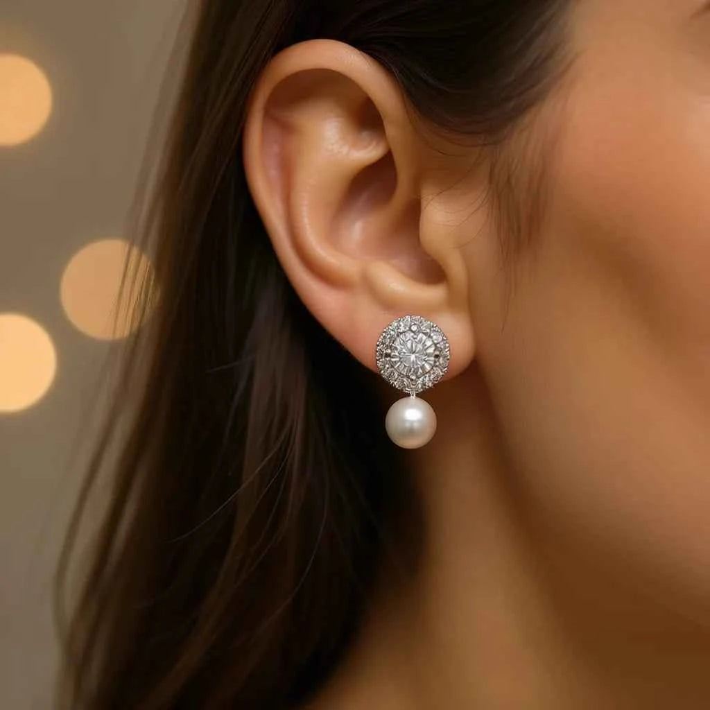 White Gold Pearl Stud Earrings With Round Brilliant Cut Diamond Imitation Pearl For Women Wedding Classic Fashion Jewelry