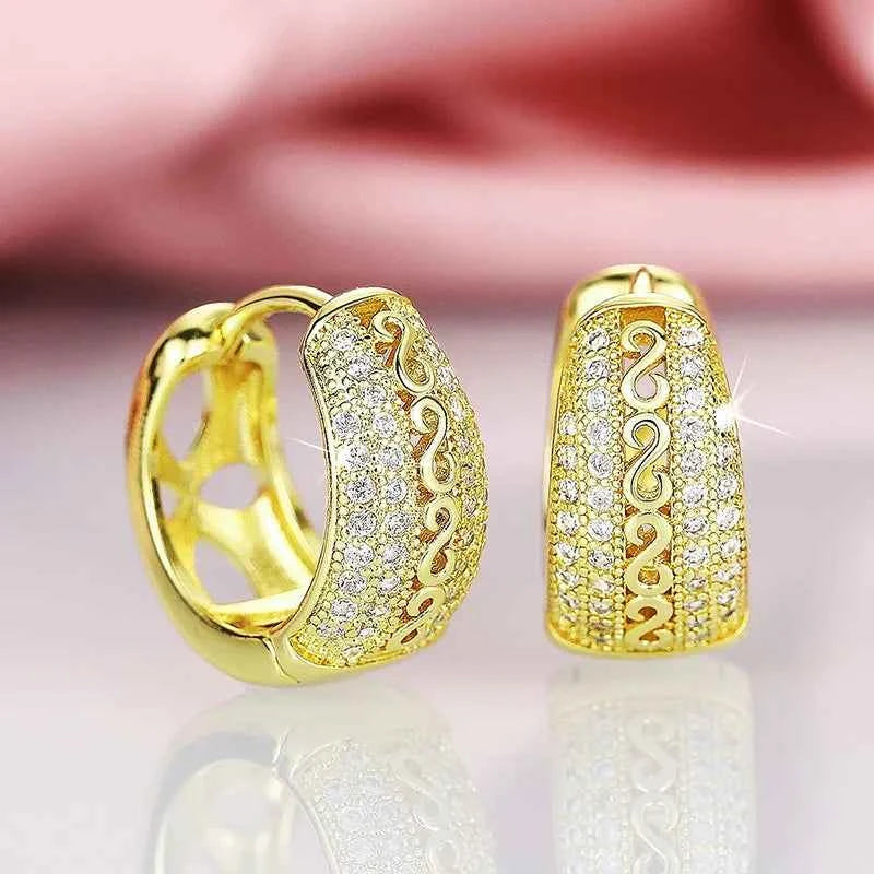 Gold plated huggie earrings with diamond micro insert - round brilliant cut diamonds in 22k gold plated 925 silver setting