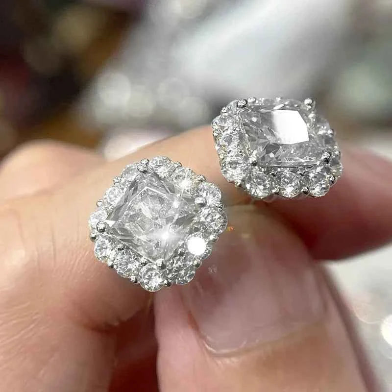Luxury Yellow Diamond Stud Earrings Cushion Cut Bezel Setting Geometric Women's Wedding Fine Jewelry