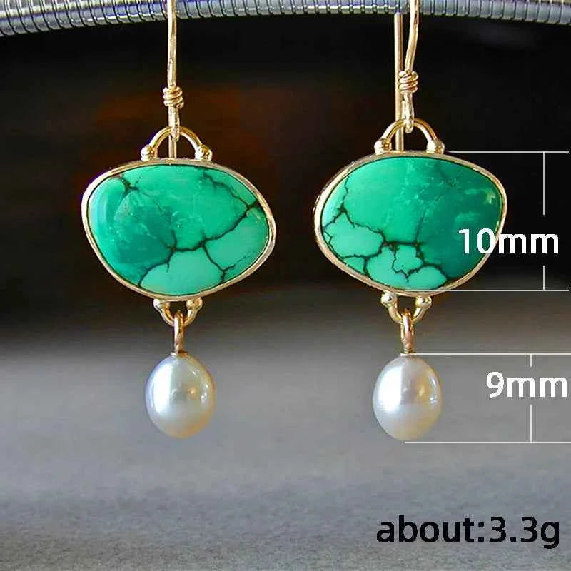 E374 Golden Drop Earrings Women's Turquoise Imitation Pearl Bezel Setting Classic Fashion Jewelry Alloy Earrings