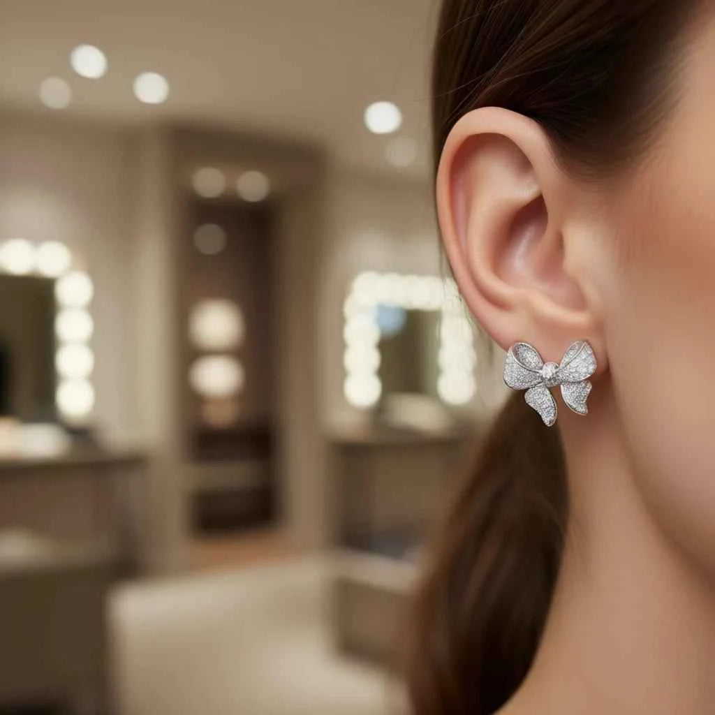 Cute Bowknot Stud Earrings For Women Crystal Rhinestone Alloy Party Jewelry Fashion Accessory