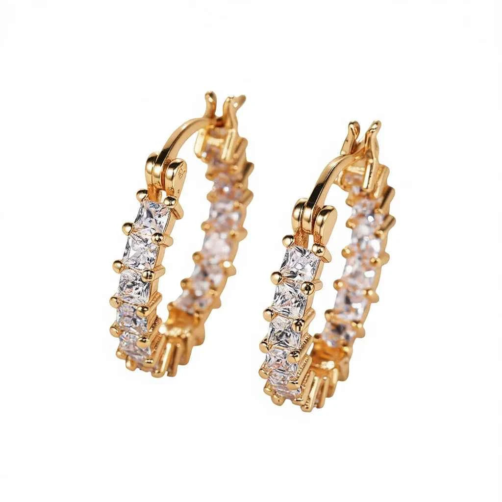 Gold hoop earrings - channel-set crystal rhinestones on polished gold-plated metal