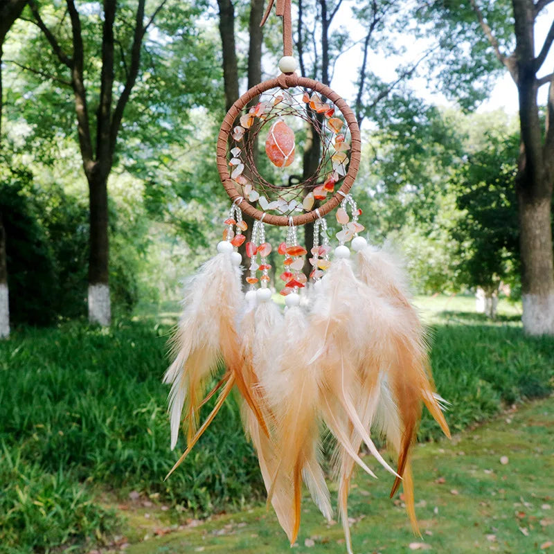 Handmade Mini Dream Catcher - Boho Wall Hanging with Colorful Feathers & Crystal Stones for Home Decor - Tulique