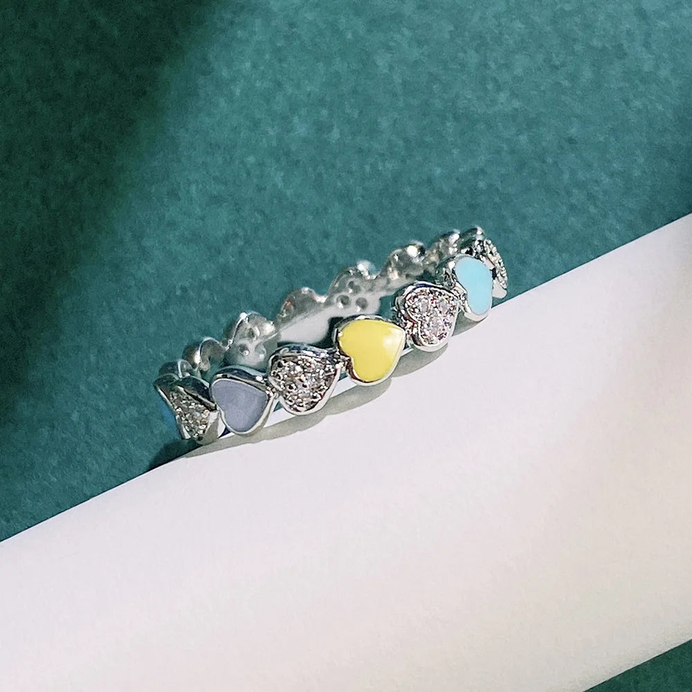 Elegant Heart Eternity Band Ring - Enamel & Pave Setting