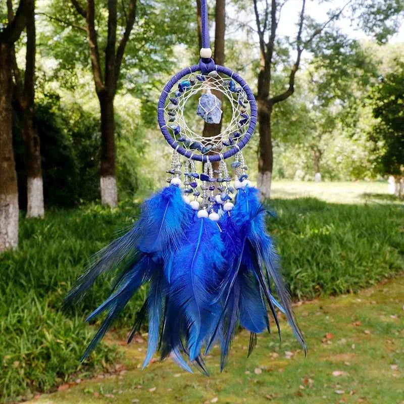 Handmade Mini Dream Catcher - Boho Wall Hanging with Colorful Feathers & Crystal Stones for Home Decor - Tulique