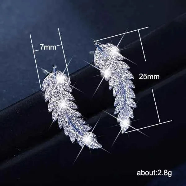 White Gold Feather Stud Earrings 925 Silver Crystal Rhinestone Bezel Setting Classic Women's Everyday Wear
