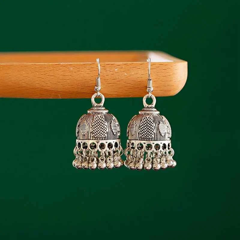 Elegant Indian Jhumka Earrings - Silver Flower Tassel Dangle Design