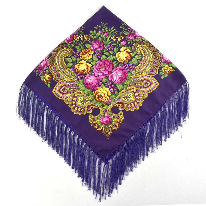 Luxury Floral Russian Scarf - Fringed Square Babushka Shawl