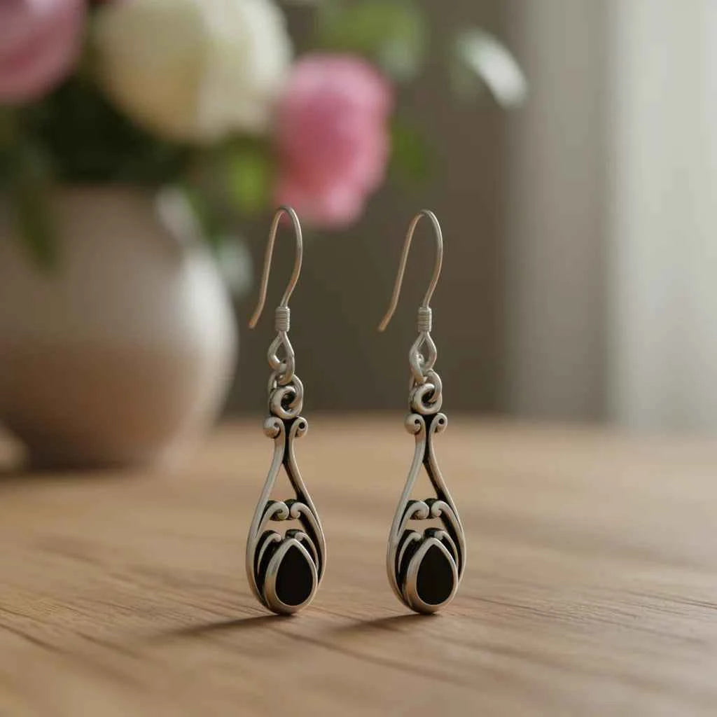 Vintage Tibetan Silver Drop Earrings With Onyx Stone Bezel Setting For Women White Gold Plated Fashion Jewelry
