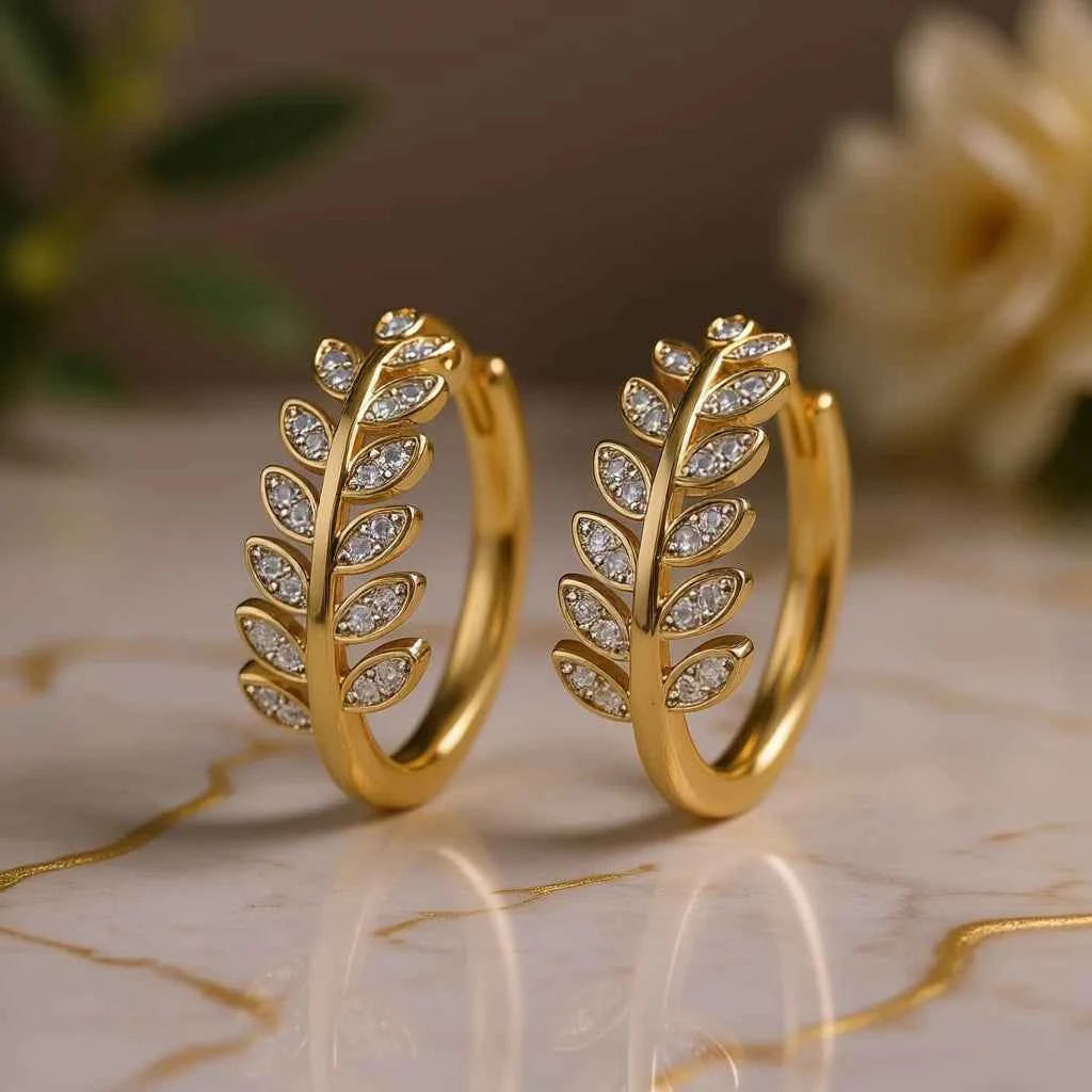 E2376 Gold Hoop Earrings Women's Classic Plant Design Marquise Cut Diamond Channel Setting Everyday Wear