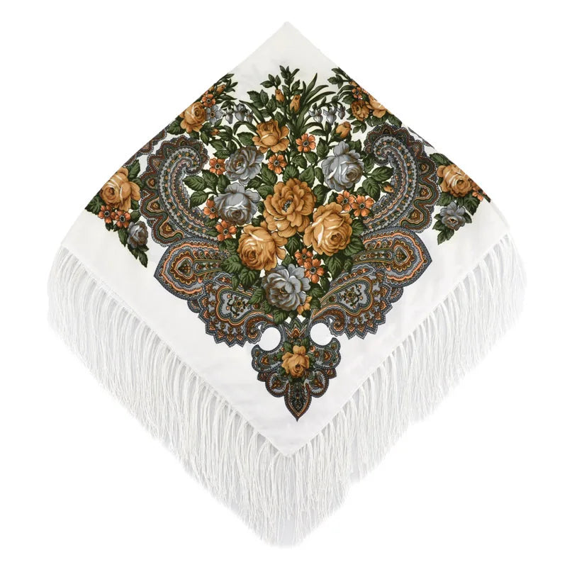 Luxury Floral Russian Scarf - Fringed Square Babushka Shawl