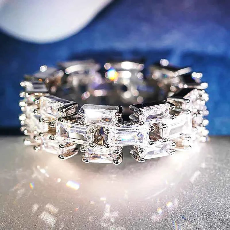 DJ096 White Gold Diamond Ring Emerald Cut Natural D Color Women's Classic Wedding Jewelry